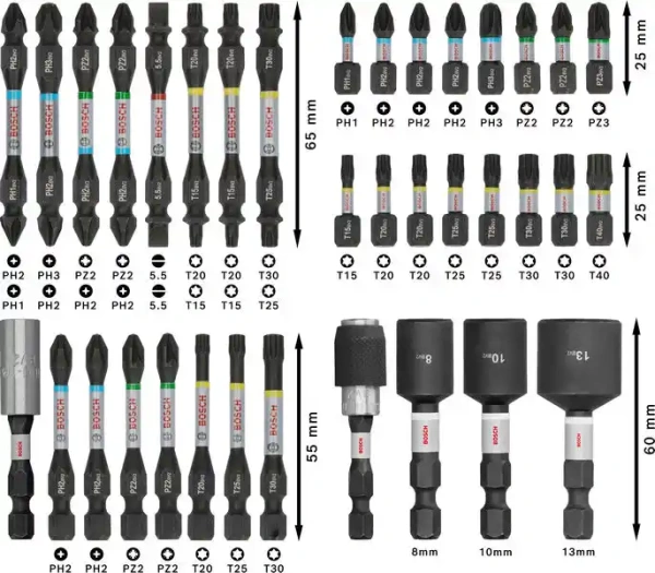 PRO Impact Screwdriver Bit Set 25 mm Screwdriver Bit:PH1; PH2(2x); PZ2; PZ3; T10; T15; T20; T25; T30; T40; SL5.5.55 mm Screwdriver Bit:PZ2; T20; T25.90 mm Screwdriver Bit:PH2; T20; T25; T30.60 mm Bit Holder:Standard Bit Holder. 20 Pcs