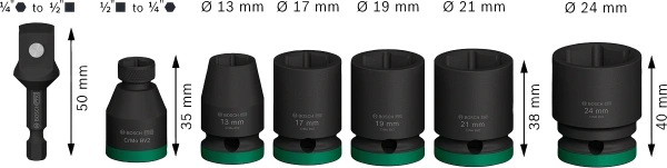 PRO Impact Socket Set, with Adapter, 1/2, Standard, 7 pcs