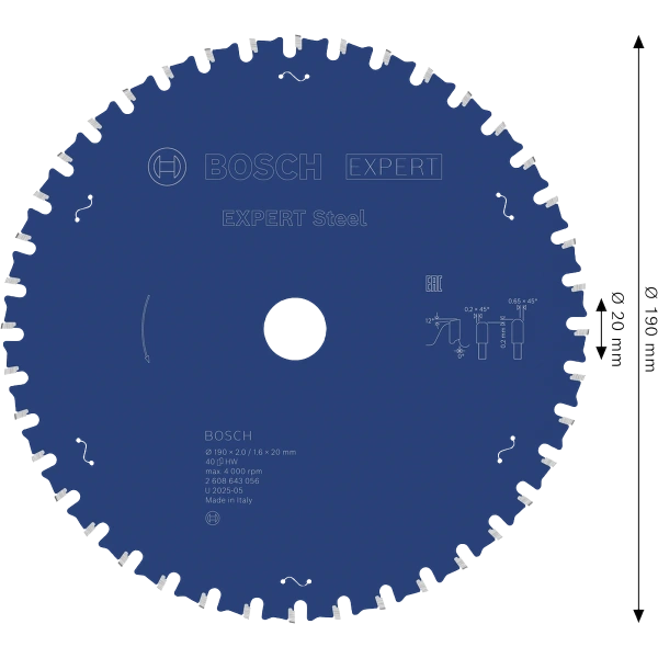 EXPERT Steel Circular Saw Blade, 190 x 2/1.6 x 20 mm, T40 Bosch 
